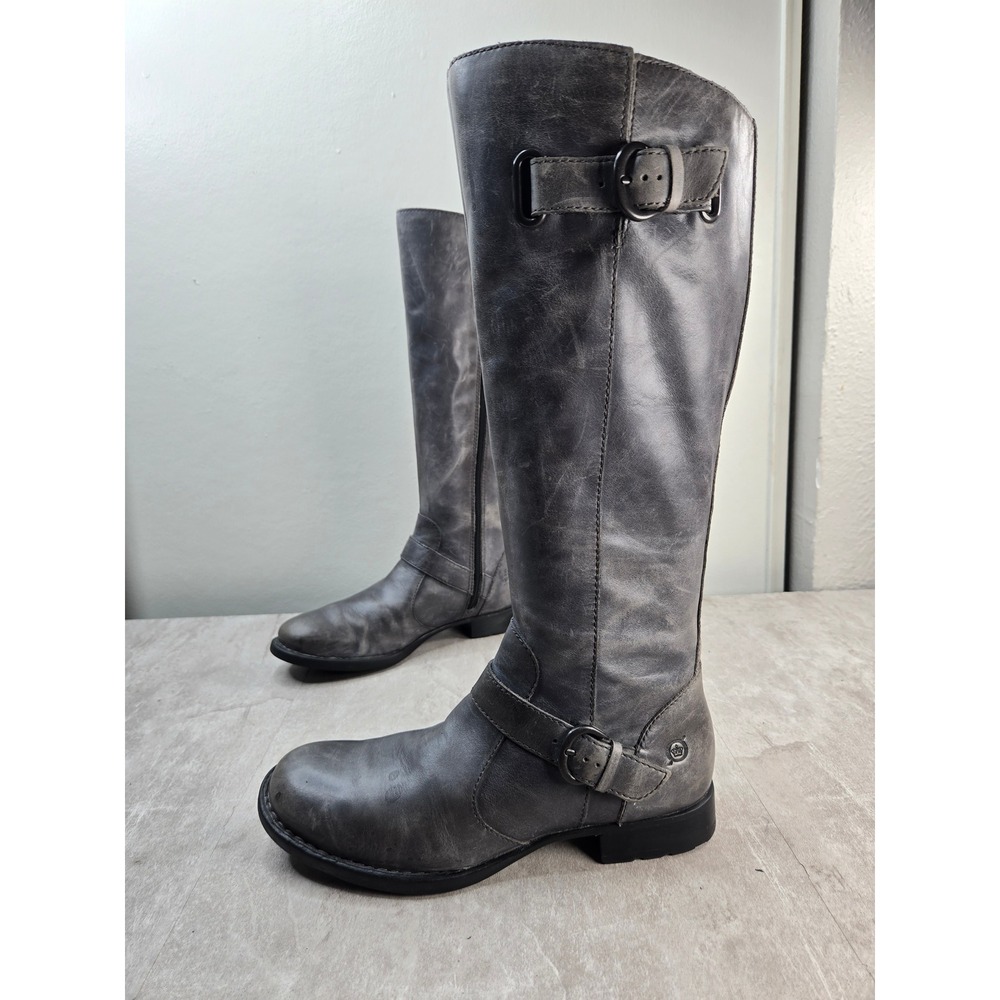 Born Buckle Harness Knee High Boots Grey Distressed Tall Moto Equestrian Biker